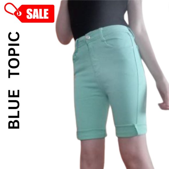 BLUE TOPIC - Mint / Turquoise Denim High Waisted Bermuda Shorts - Picture 1 of 6
